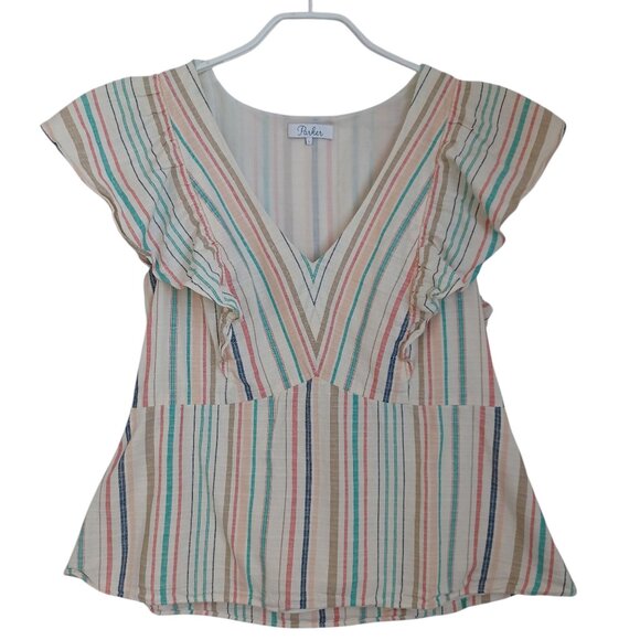 Parker Top Halsey Stripe V Neck Cotton Side Zip Pullover Womens Large - Picture 1 of 13